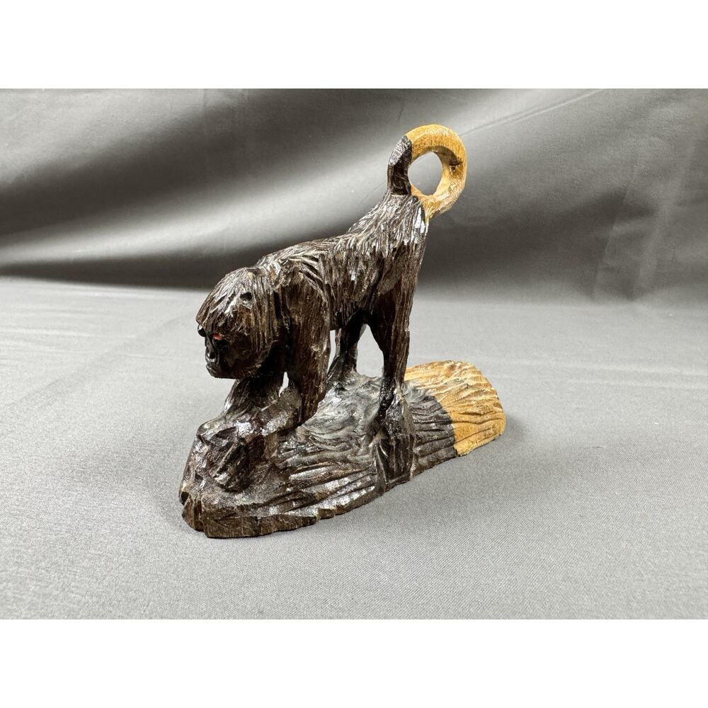 Vintage Hand-Carved Wood Capuchin Monkey On A Log Figurine 2 Color Tone Wood